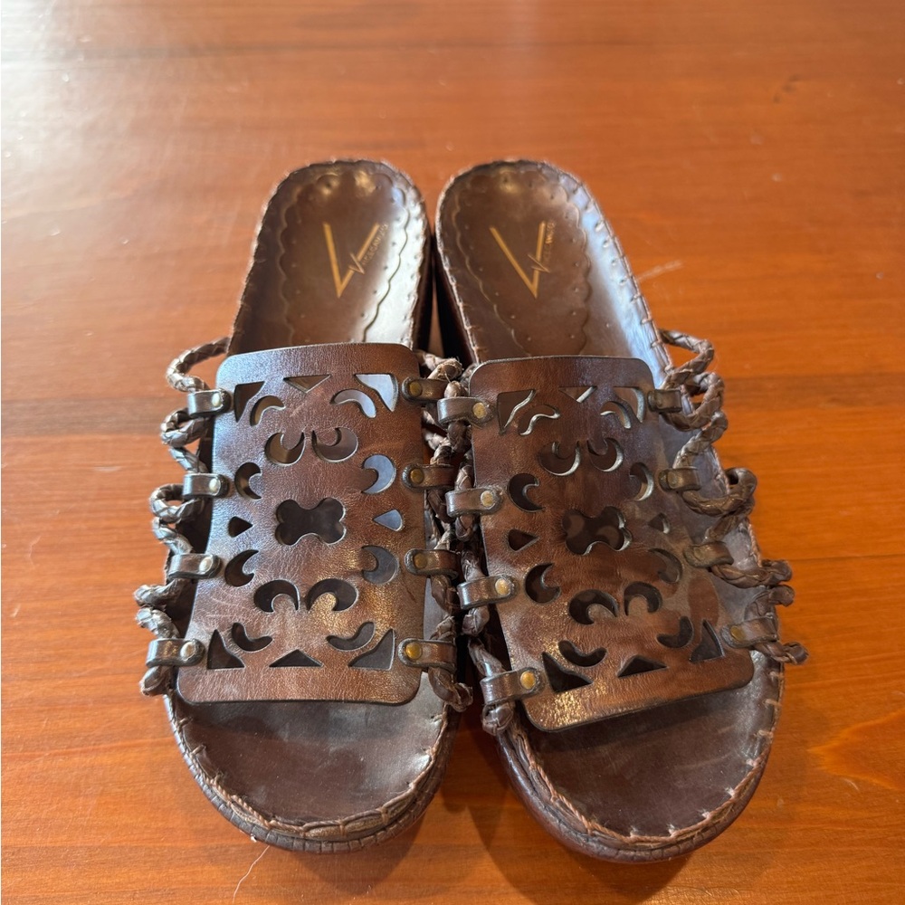 Vince Camuto Dark Brown Leather Cutout Platform Sandals